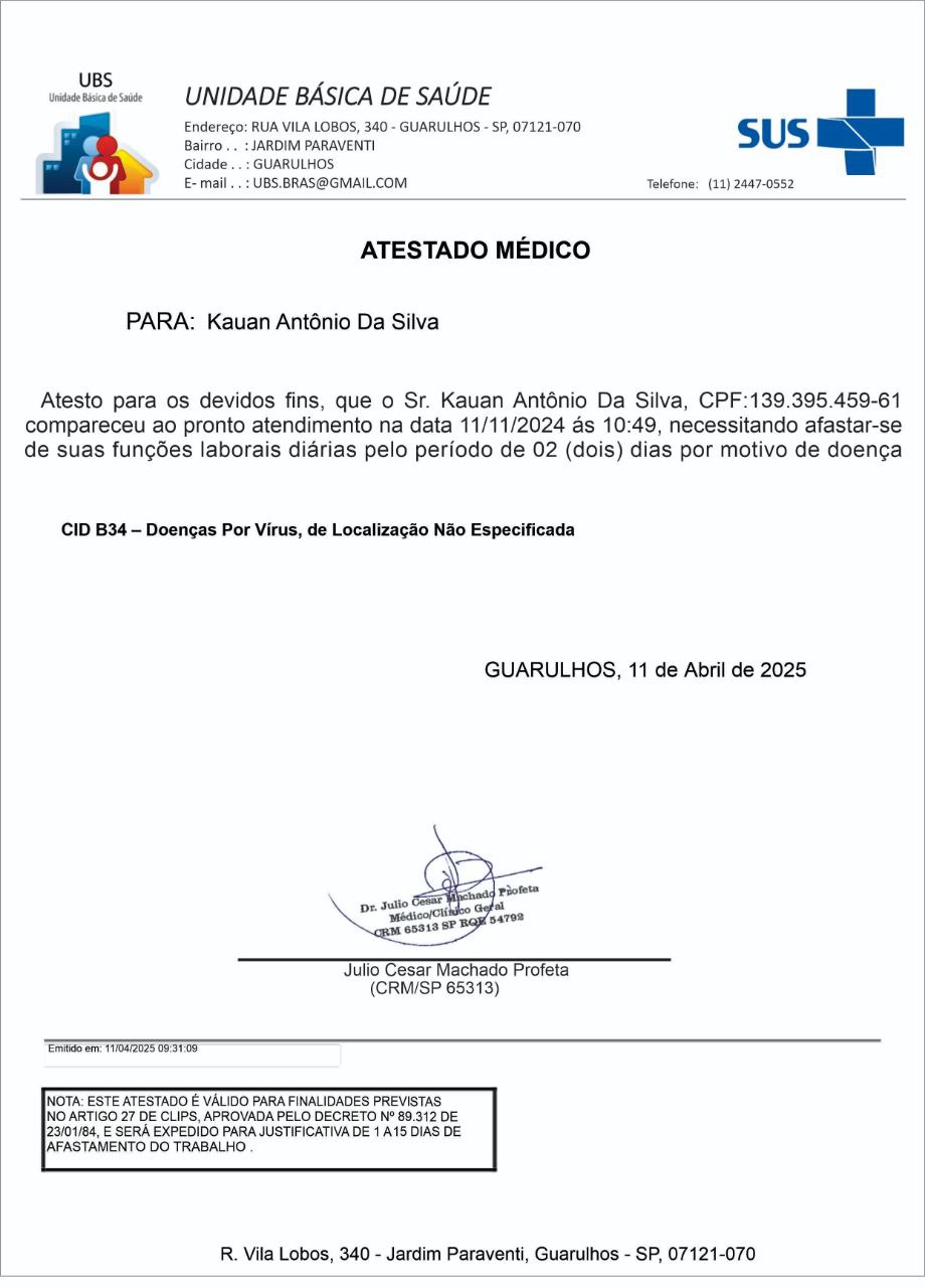 Modelo SUS - Atestado Médico Sistema Único de Saúde